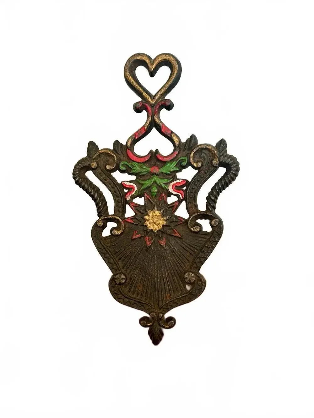 Vintage Wilton Hand Painted Starburst Heart Cast Iron Footed Trivet